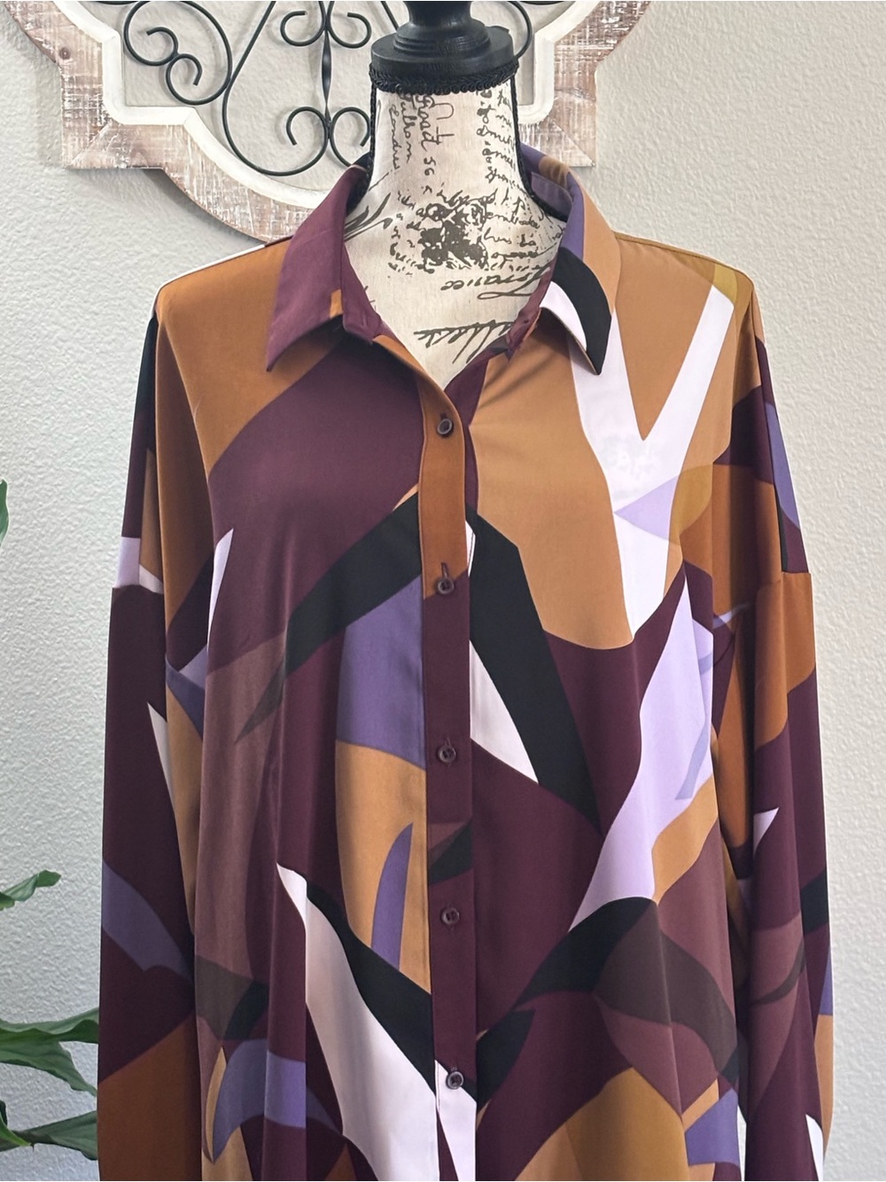 Nine West Abstract Button-Front Long-Sleeve Dress - Maroon, Mustard & Lavender - Picture 2 of 7